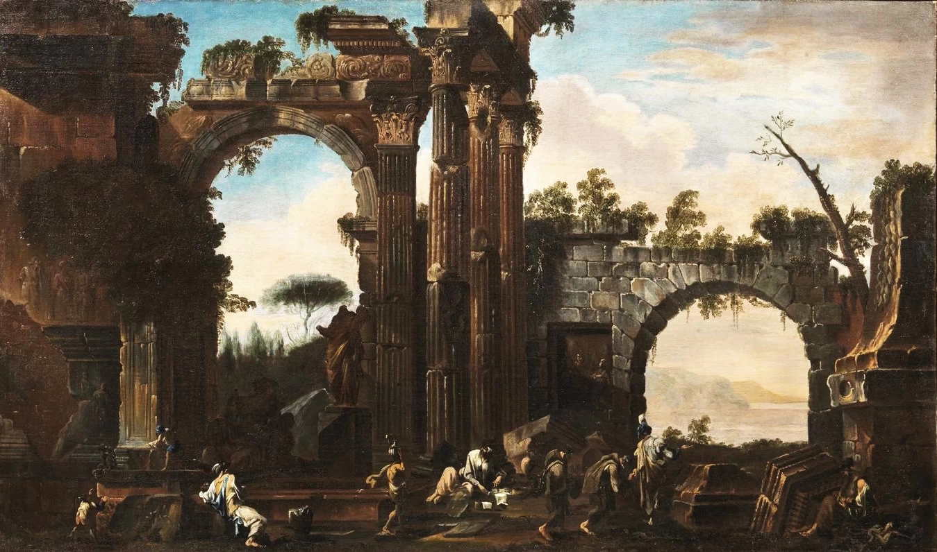 Paesaggio con rovine e figure classiche - attribuito